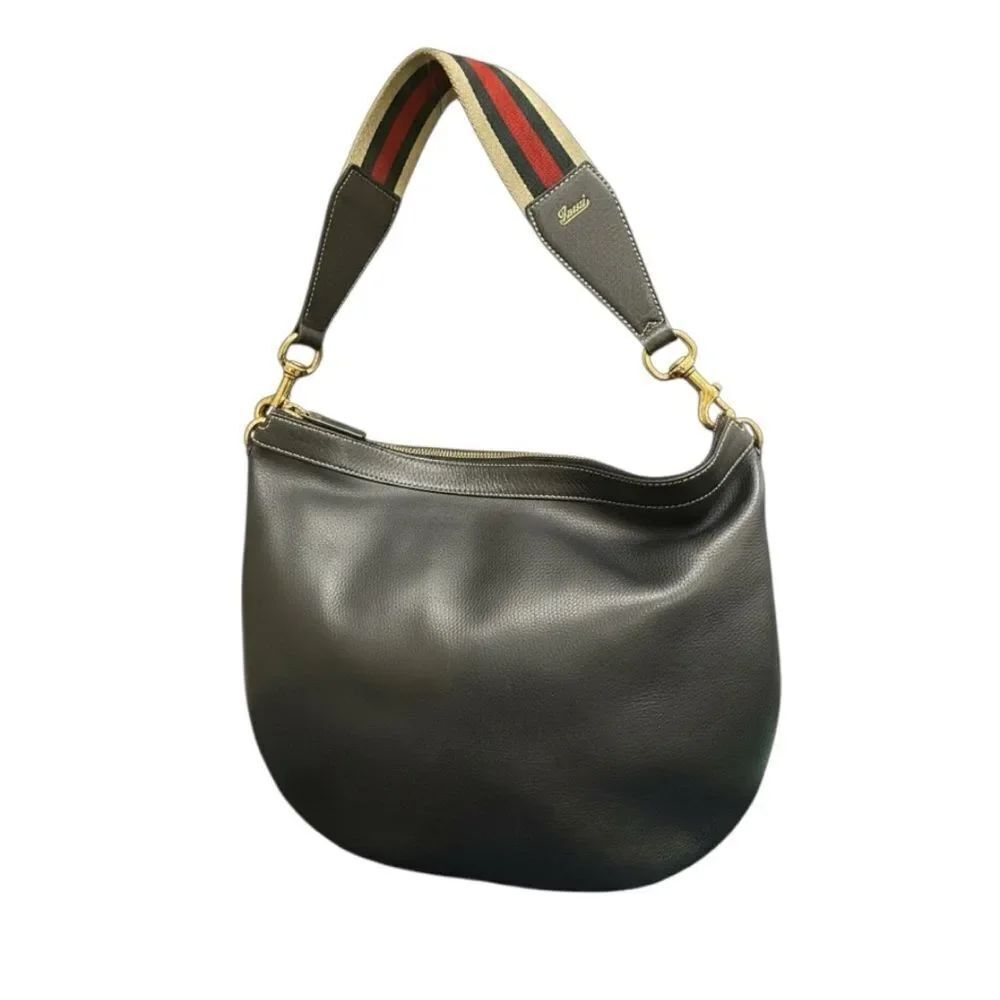 Gucci Navy Leather Web Sherry Line Strap Half Moon Hobo Shoulder Bag Auth